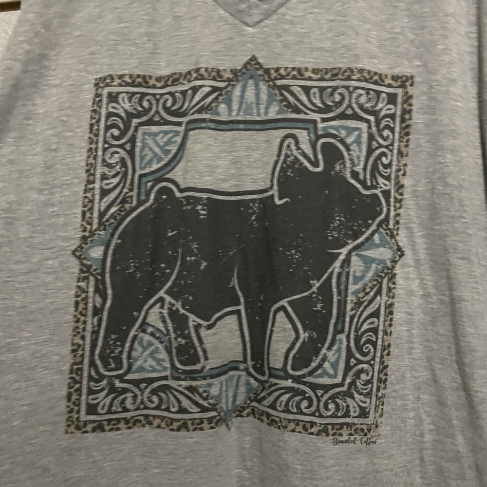Tultex XXL Gray V Neck T Shirt Tee Pig Hog Swine Aztec